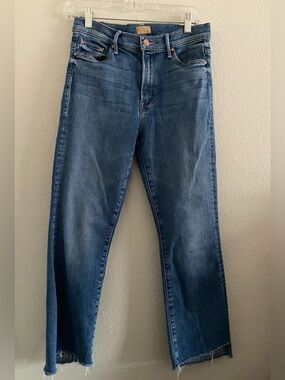 MOTHER Dark Blue Cropped Straight Jeans with Raw Hem